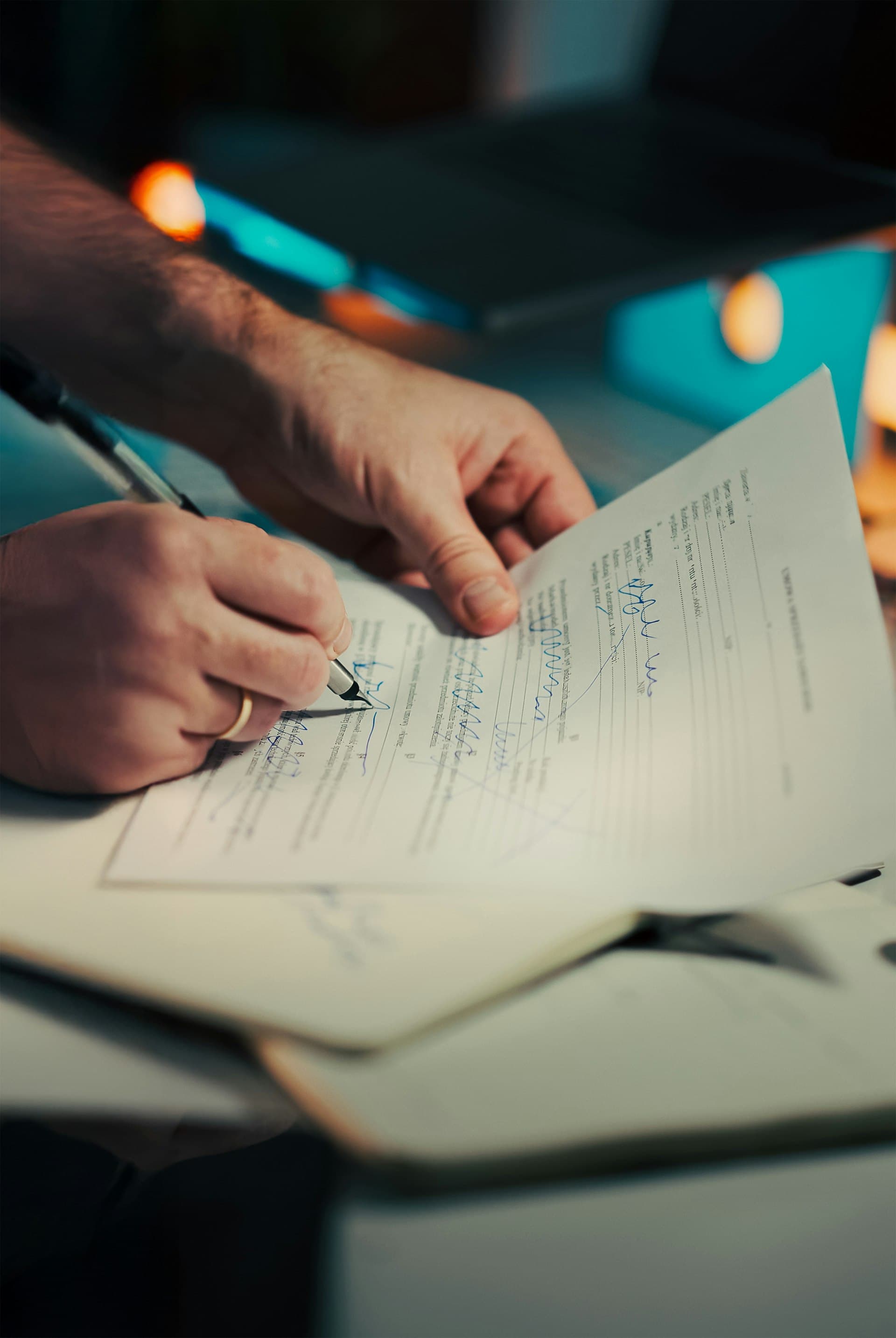 A person signing a document with a pen