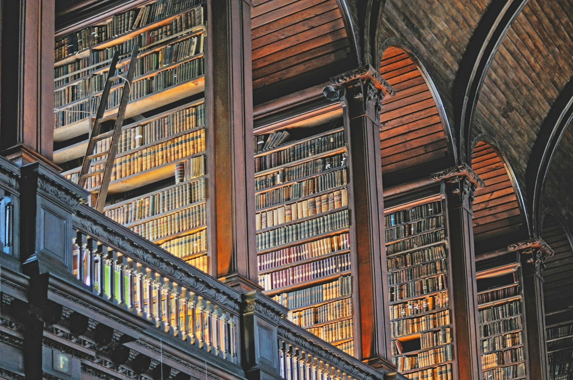 Tall library shelves filled with archived books and records